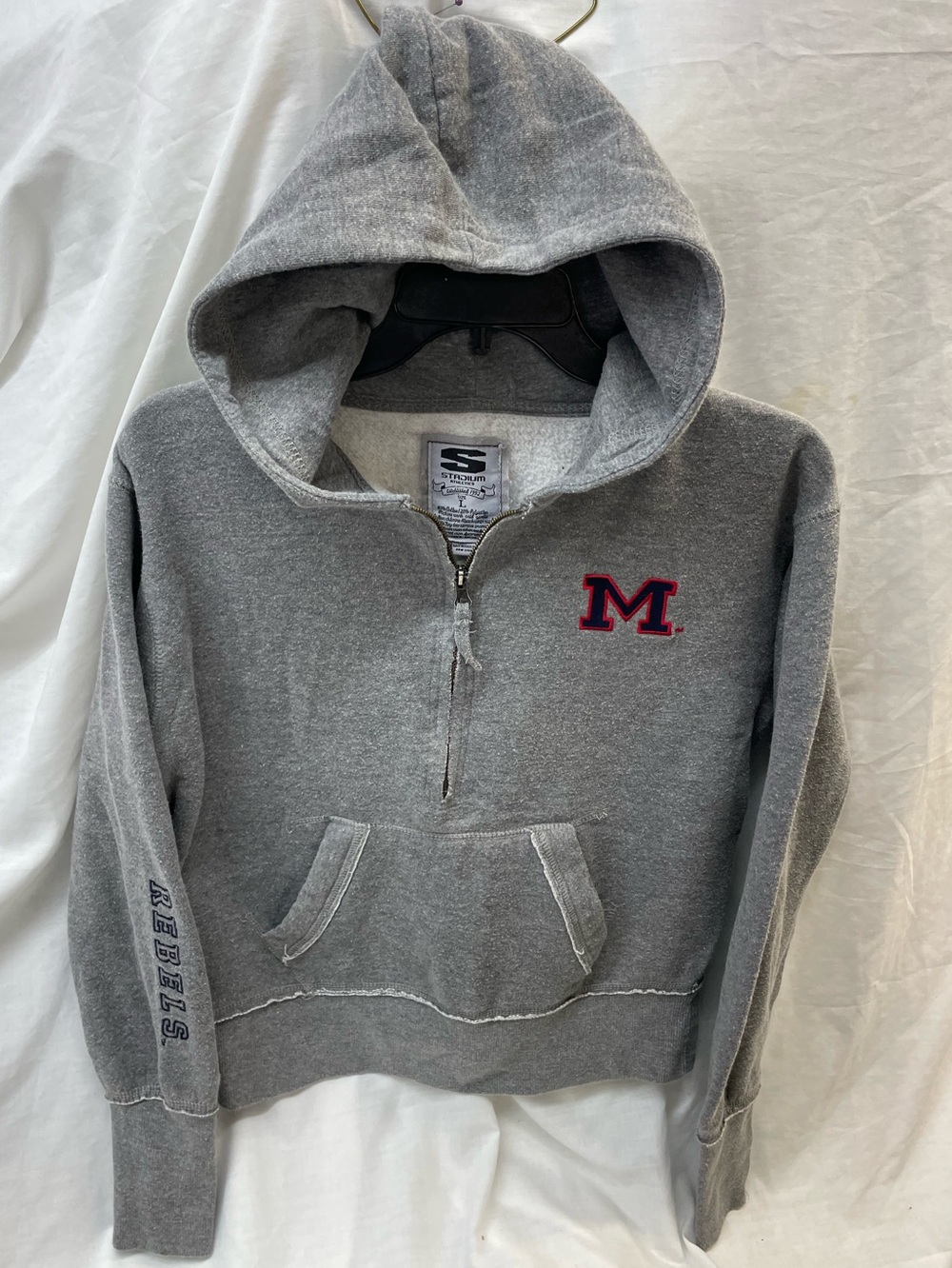 Ole Ms Stadium Athletics Gray Half-Zip Hoodie with Red-Outined 'M' Patch Sz L